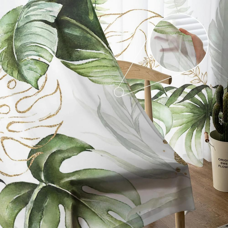 Yiran Furniture Transparente Tüll Vorhänge mit Aquarell Palme und grünen Blättern, Set aus 2 Stück, Organza Voile, Farbe: Grün/Weiß, Breite: 135 cm, Höhe: 215 cm - Bild 2