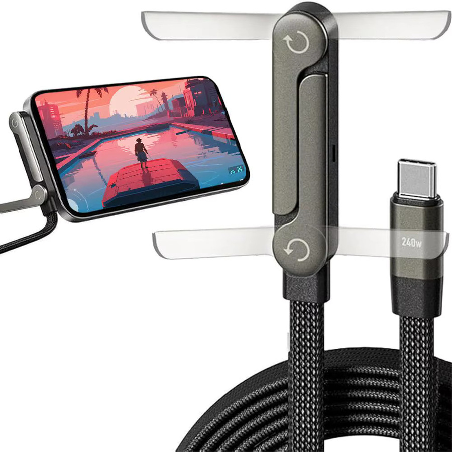 240W USB-C-Kabel mit faltbarem Handyständer in Schwarz für iPhone, Samsung, MacBook und Tablet - Bild 5