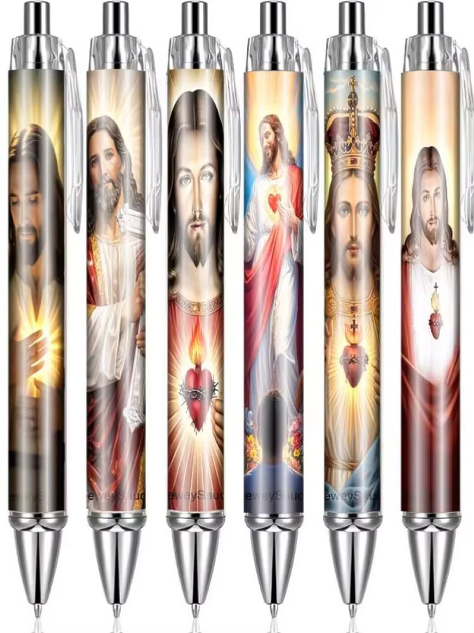 8 Stück Kugelschreiber mit Jesus-Heiligenherz-Motiv in Mehrfarbig, Kunststoff-Schreibgeräte mit Druck- und Einziehfunktion - Bild 3