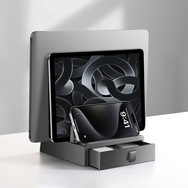 Vaydeer Vertikaler Laptop-Ständer aus Kunststoff in Grau mit zwei Steckplätzen und Schubladen für MacBook Pro und Huawei Desktop - Bild 1