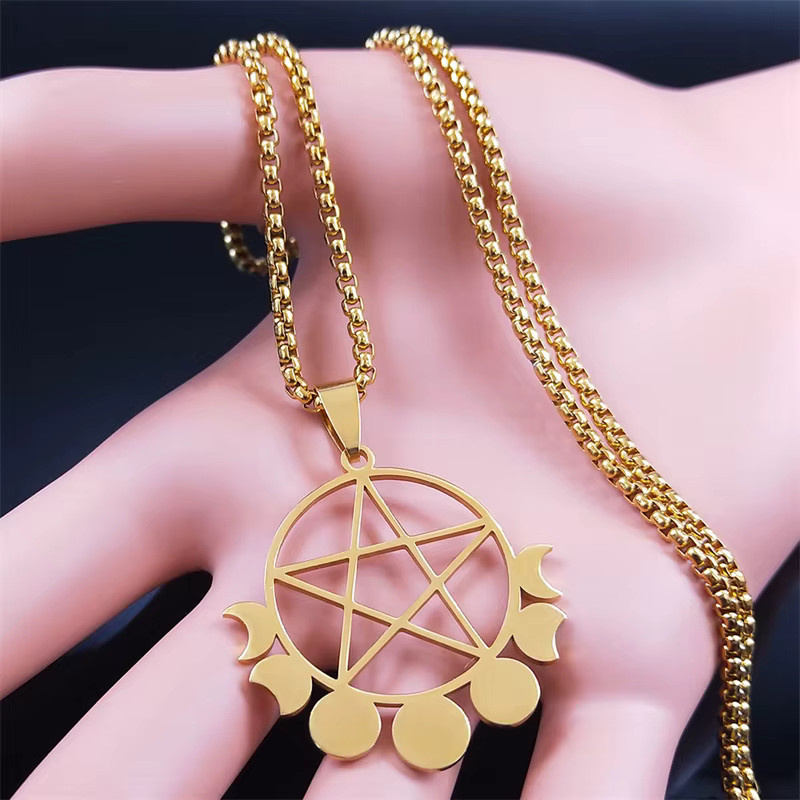 AFAWA Halskette Pentagramm Mond, Edelstahl, Goldfarben, Unisex - Bild 3