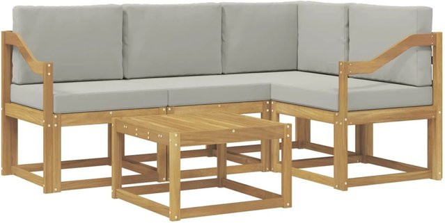 vidaXL Outdoor-Sofagarnitur 5-teilig in L-Form aus Akazienholz mit Polsterung in Weiß und Hellgrau, B/T/H: 59 x 59 x 37 cm - Bild 1