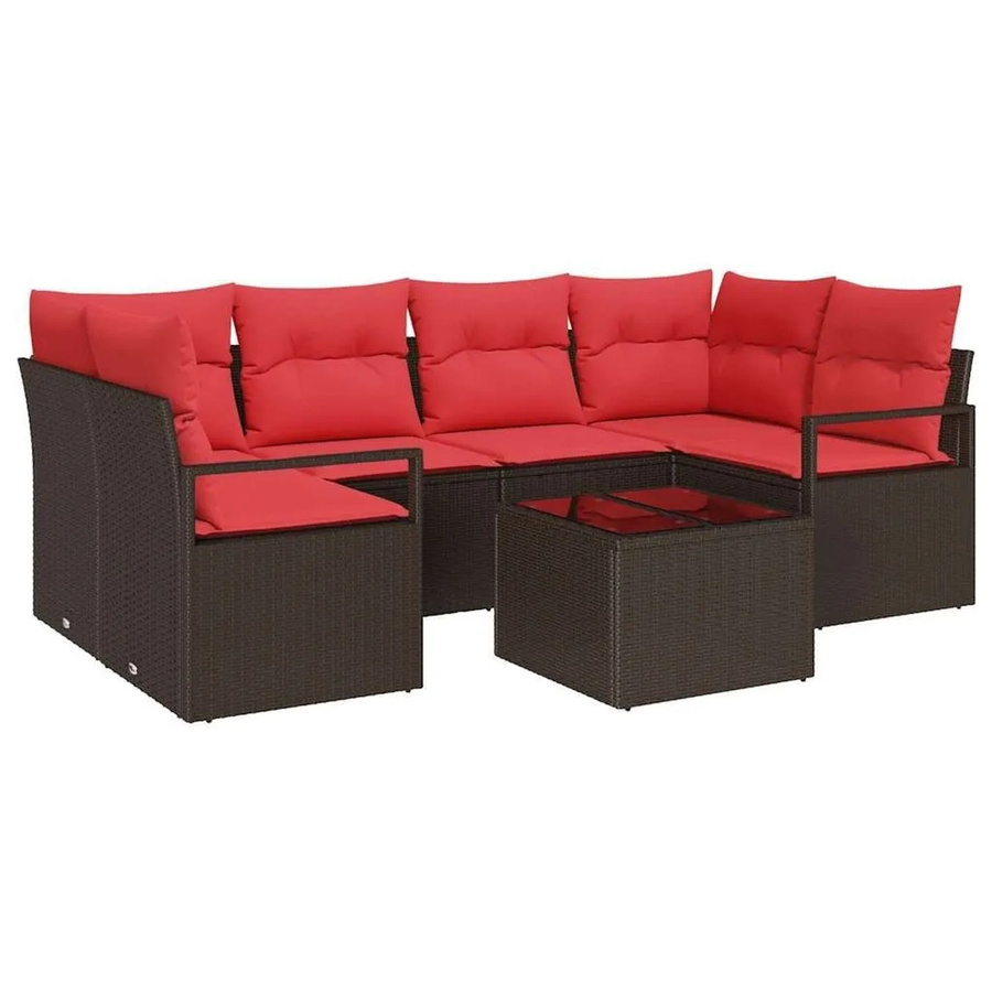 vidaXL 7-teiliges Lounge-Sofa Set aus Poly Rattan in Braun und Rot mit Kissen und Tisch - Bild 2