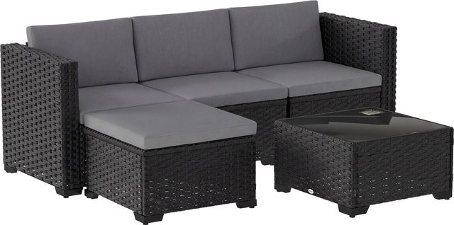 Outsunny 5-teiliges Rattan-Gartenmöbel-Set in L-Form mit Polsterkissen, Couchtisch mit Glasplatte und Hocker, Grau/Schwarz - Bild 1