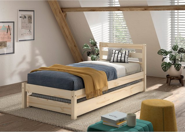 Einzelbett Pino aus massivem Kiefer mit Bettschublade, Farbe: Natur/Beige, B/T/H: 90 x 200 cm - Bild 1