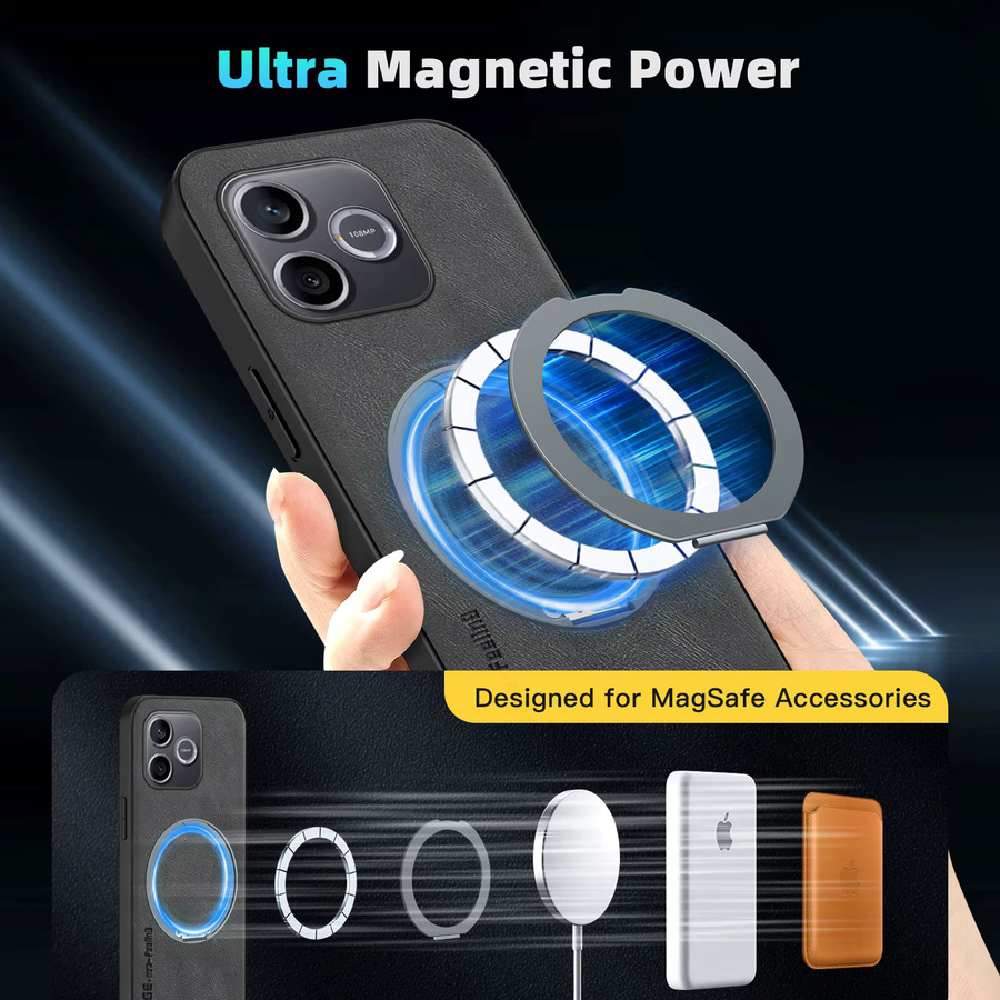 szHAIyu MagSafe Magnetische Leder-Handyhülle mit 360 Grad rotierender Metallhalterung für Honor 600 Pro, 600Lite, 500 und 400 Pro in Schwarz oder Grau - Bild 3