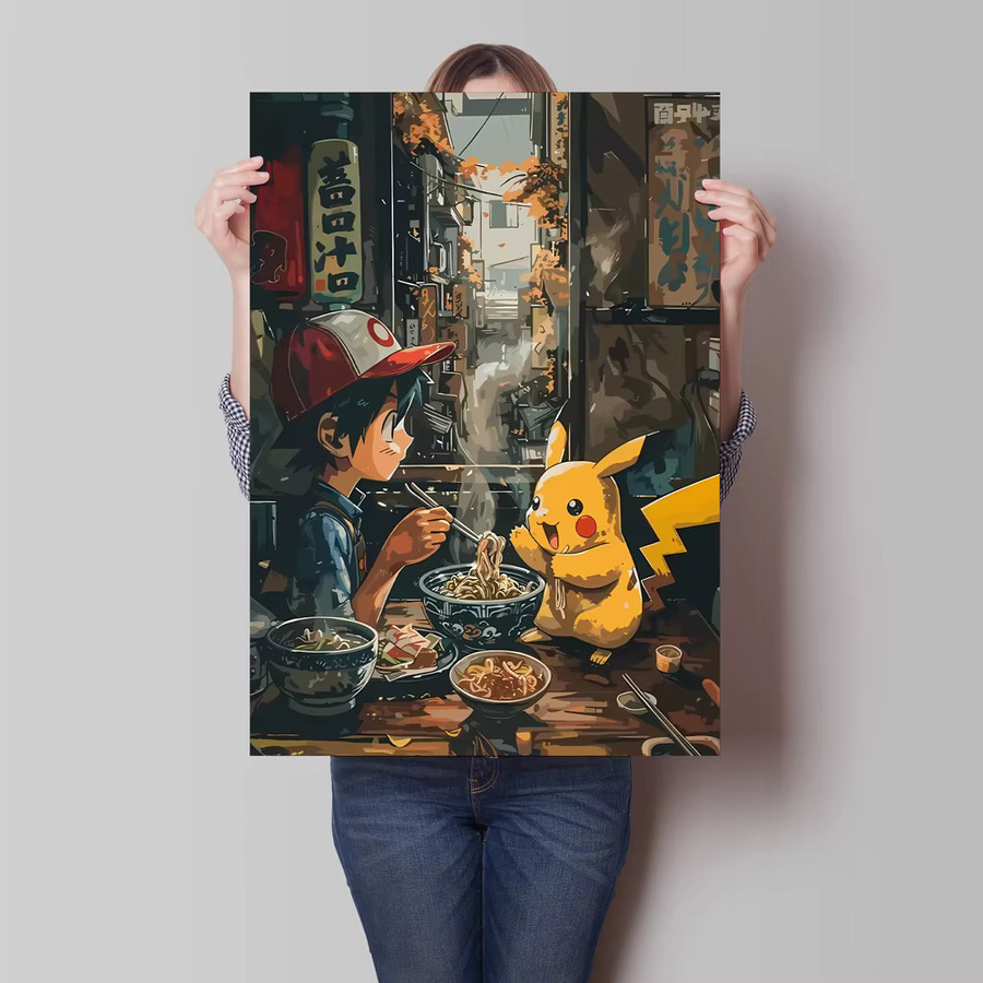 Takara Tomy Pokemon Leinwanddruck mit Pikachu und Bulbasaur im Retro-Stil, mehrfarbige Anime-Illustration zur Wanddekoration - Bild 2