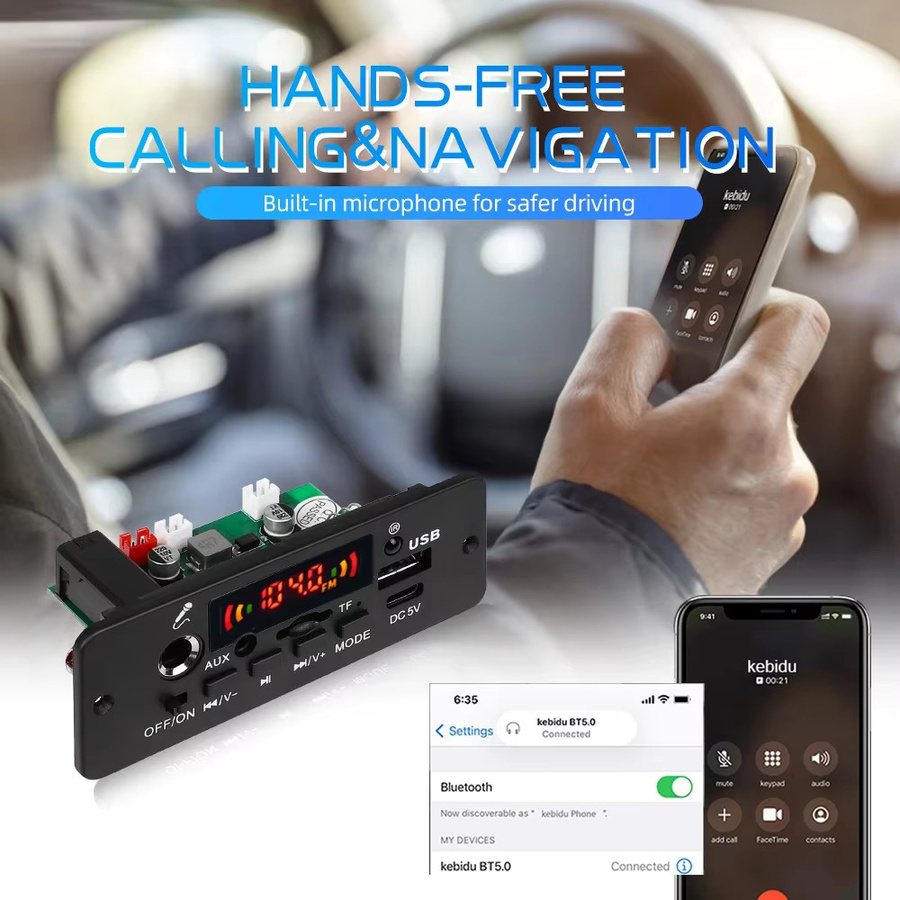 Kebidumei 10W Bluetooth 5.0 MP3 Decoder Board mit USB, FM und Mikrofon Freisprecheinrichtung in Schwarz - Bild 3