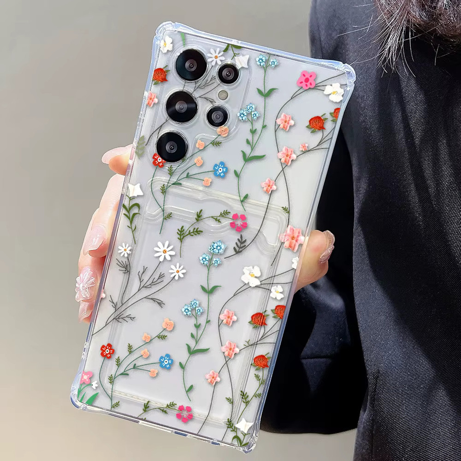 Silikon Handyhülle mit Kartenhalter und Blumenmuster für Samsung Galaxy S25 Ultra, A56 5G, A55, A54, A53, S24 FE, S23, S22 Plus, A52 in Transparent - Bild 3