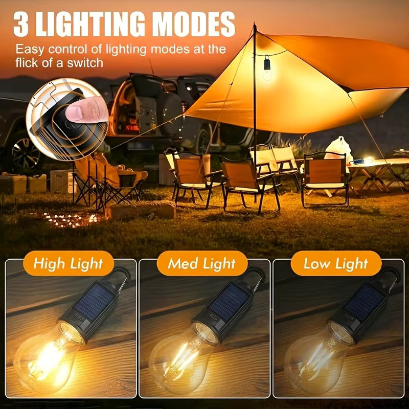 Wiederaufladbare Solar-LED-Campinglampe mit Typ-C Anschluss und 3 Lichtmodi in Schwarz - Bild 3
