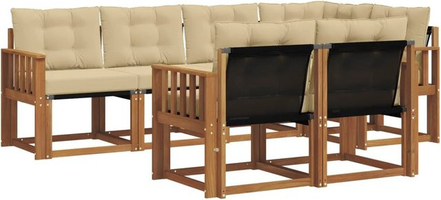 vidaXL Outdoor-Sofagarnitur 7-tlg. in L-Form aus Akazienholz mit Textilene und Kissen, Natur und Beige - Bild 1