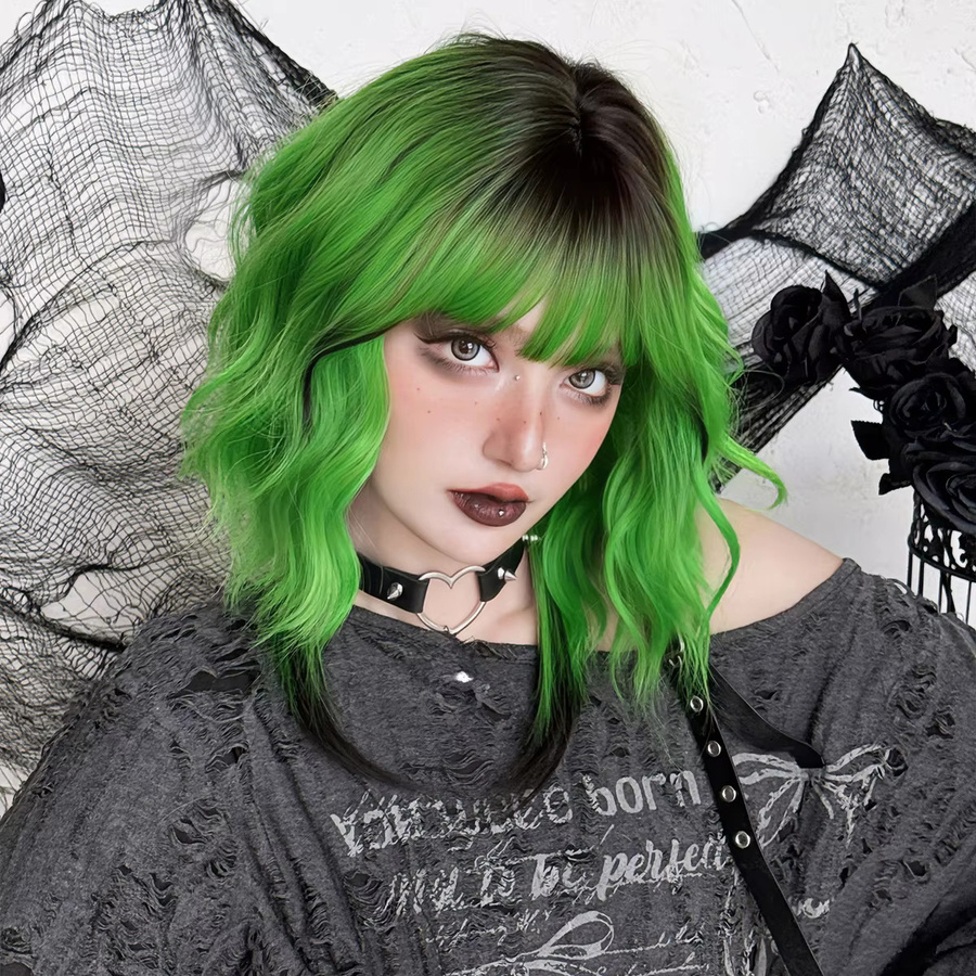 7JHH WIGS Perücke, schulterlange Wasserwellen, grün, Ombre schwarz, Damen - Bild 2
