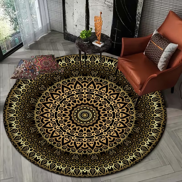 Runder Teppich mit Boho-Mandala-Aufdruck in Gold für Wohnzimmer, Schlafzimmer und Kinderzimmer, rutschfest - Bild 1