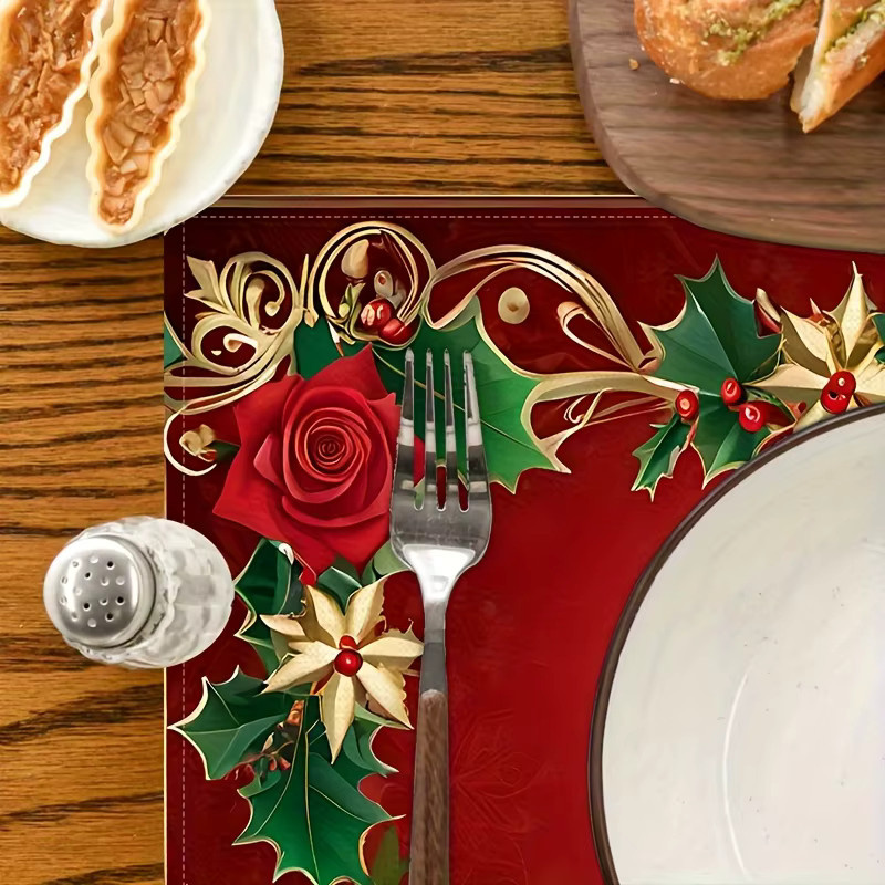 VIKAMA Weihnachts-Tischset aus Leinen mit floralem Rosenmuster und Goldkante in Rot, rechteckig - Bild 4