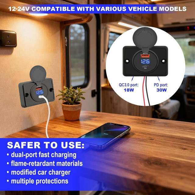 Kebidumei USB-Autoladegerät mit 2 Ports PD und QC 3.0, USB-C Schnellladebuchse und wasserdichter Schiebekappe, Schwarz, für 12 V/24 V Auto und Boot - Bild 1