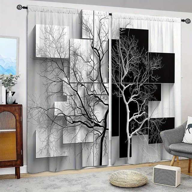 2er-Set Vorhang mit Baumdruck in Schwarz-Weiß von Household supplies MH, halbtransparentes Fensterdekor für Wohnzimmer, Schlafzimmer oder Büro, Breite: 132 cm, Höhe: 213 cm - Bild 1