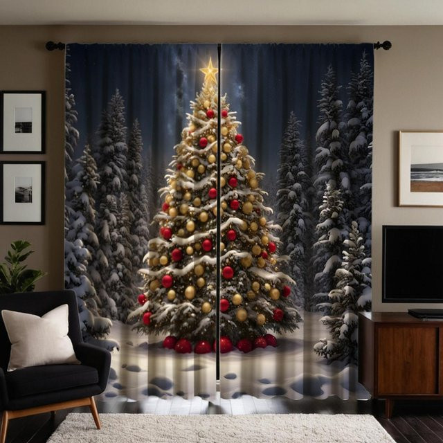 2er-Set Weihnachtsbaum Dekorationsvorhang Verschneite Nacht mit Schwarzer Krawatte, Grau, B: 132 cm, H: 160 cm - Bild 1