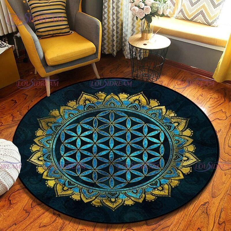 Runder Teppich mit Blume des Lebens von ChenYing01 in Multicolour, geometrisches Design aus Polyester, rutschfest und waschbar, Durchmesser: 100 cm - Bild 1
