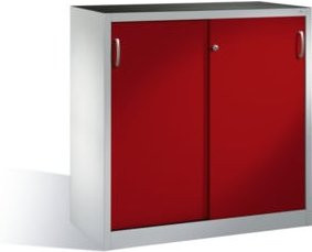 C+P Schwerlast-Beistellschrank mit Schiebetüren und 2 Böden, Farbe Rubinrot und Lichtgrau, H: 120 cm, B: 120 cm, T: 50 cm - Bild 1