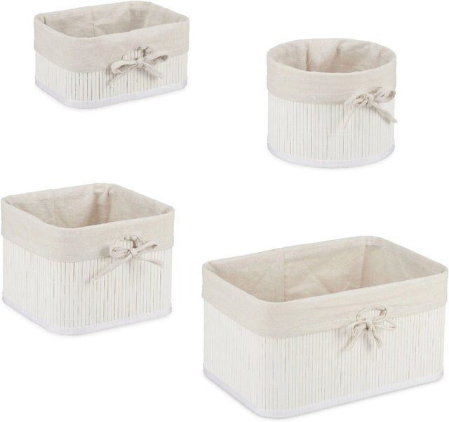 Relaxdays Aufbewahrungskorb 4er Set aus Bambus mit Stoffüberzug in Weiß und Beige, B/T/H: 33 x 23 x 17 cm - Bild 1