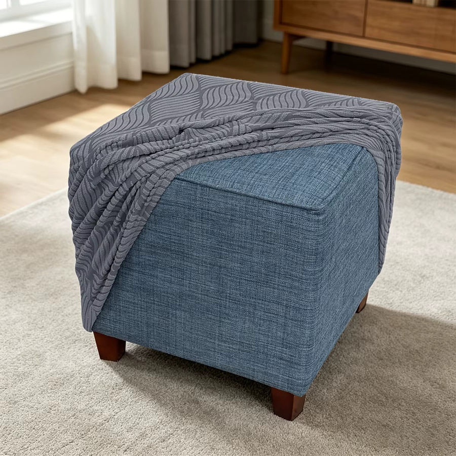 Yupartex Elastischer Ottoman-Überzug mit Blattmuster in Jacquard-Qualität, Quadratischer Fußhocker-Bezug in Schwarz - Bild 3