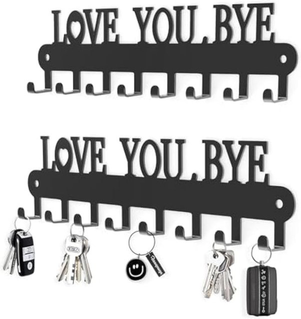 Love You Bye Selbstklebender Schlüsselhalter aus Metall mit 6 Haken zur Wandmontage, Schwarz - Bild 1