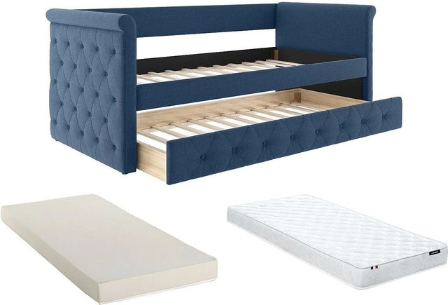 Vente-unique Sofabett Louise in Marineblau, gesteppter Stoff mit Schlaffunktion und Auszugsschublade, Breite: 219 cm - Bild 1