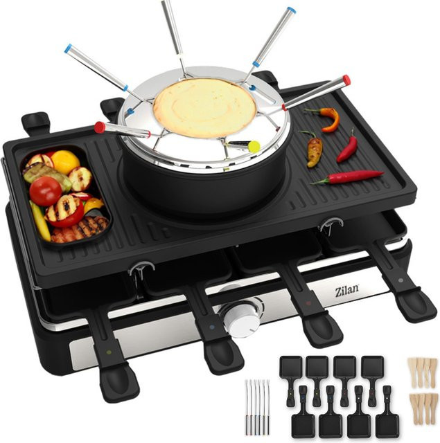 Zilan 3in1 Raclette Grill mit Fondue Set für 8 Personen, 1400W, Schwarz mit Riffelplatte - Bild 1
