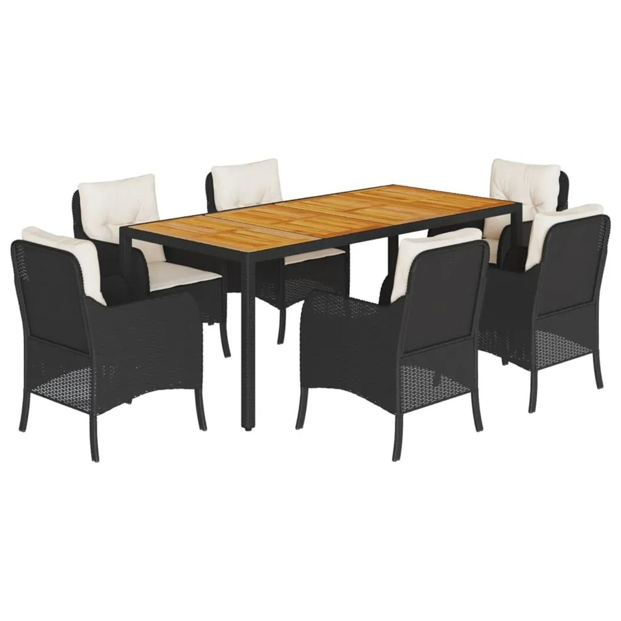 vidaXL 7-teilige Garten-Essgruppe aus Poly-Rattan und Akazienholz in Schwarz mit Kissen - Bild 2