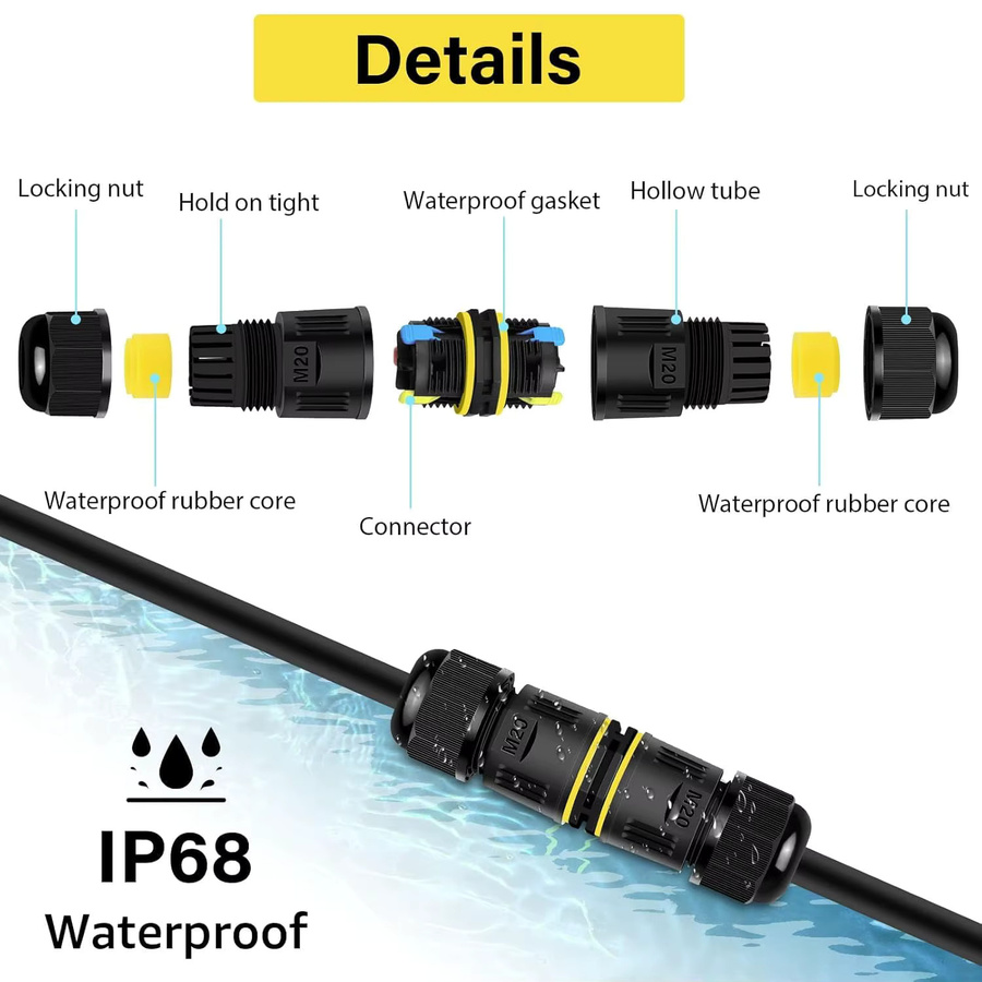 ELECAPITAL IP68 M20 Wasserdichter Kabelstecker mit Schraubterminal für elektrische Lichtanschlüsse, Schwarz - Bild 4