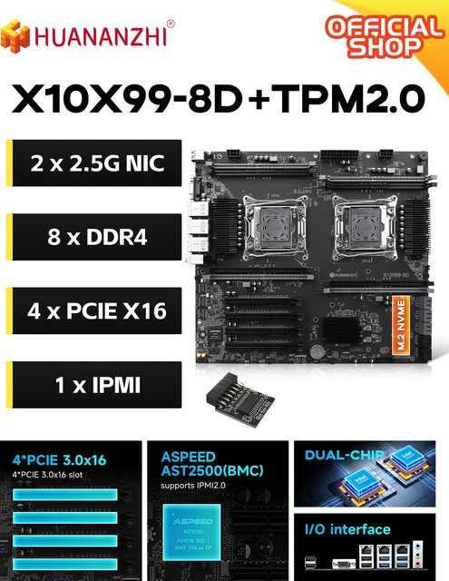 HUANANZHI X10X99-8D+ TPM2.0 Motherboard LGA2011-3 mit Dual 2.5G LAN, DDR4 und PCIe 3.0 in Schwarz - Bild 1