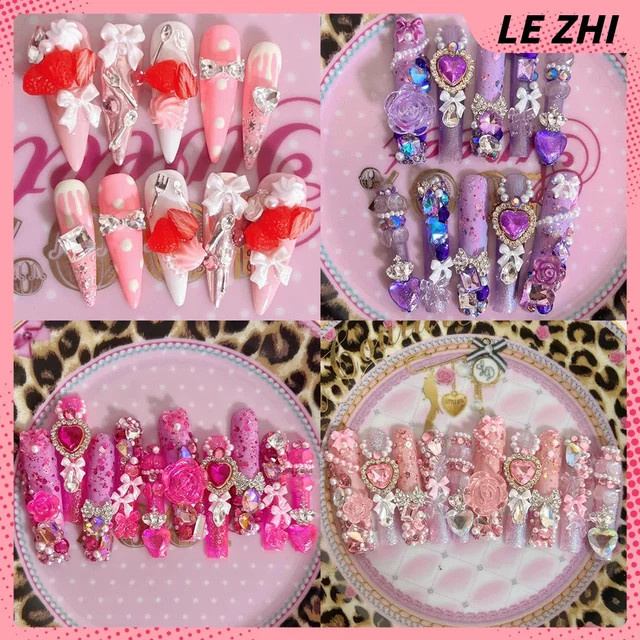 keeppley Press On Nails, XL Stiletto, 3D Blume, Schleife, Strass, Leopard Print, Glänzend - Bild 1