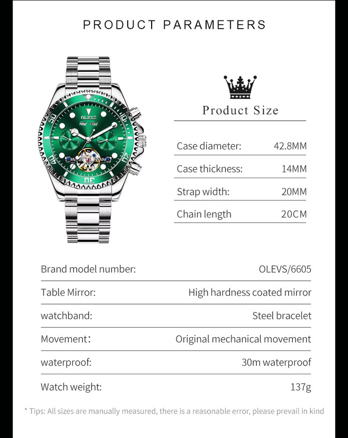 OLEVS Armbanduhr Automatik, Edelstahl, Grün, Gold, Herren - Bild 6