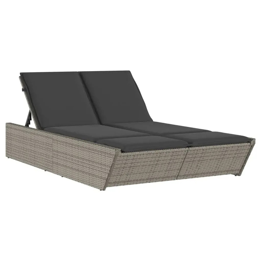 vidaXL Doppel-Sonnenliege aus Poly Rattan in Grau mit verstellbarer Kopfstütze und Kissen - Bild 2