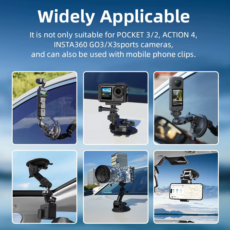 360 Grad verstellbare Saugnapf-Halterung in Schwarz für Saugkameras, Action-Cams wie GoPro, Insta360 oder DJI Action 5 sowie Autotelefone mit 1/4 Zoll Anschluss - Bild 5