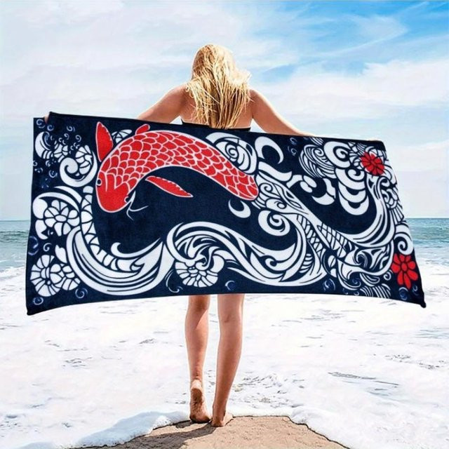Vintage Japanisches Strandtuch mit Koi-Fisch und Blumendesign in Marineblau und Multicolor, Breite: 30 cm, Höhe: 60 cm - Bild 1