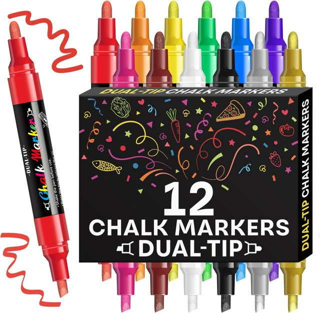 Kolorowys Flüssigkreide-Marker mit zwei Spitzen in 12 Farben, nass abwischbare Kreidestifte für Tafel, Glas und Tafelschilder - Bild 1