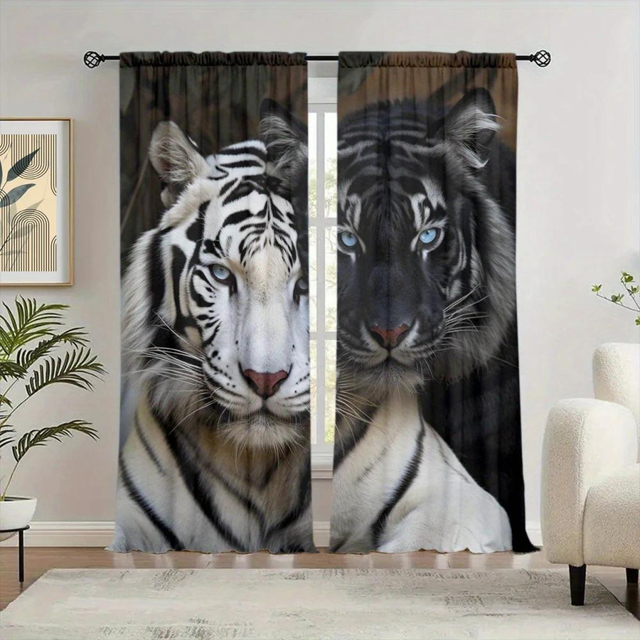 2er-Set Tiger-Vorhänge mit modernem Print in Weiß und Schwarz, halbtransparent, B: 52,5 cm, H: 116 cm - Bild 2