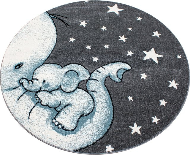 Kinderteppich TASNA von Kadima Design mit Elefanten-Motiv in Blau, Durchmesser: 160 cm - Bild 1