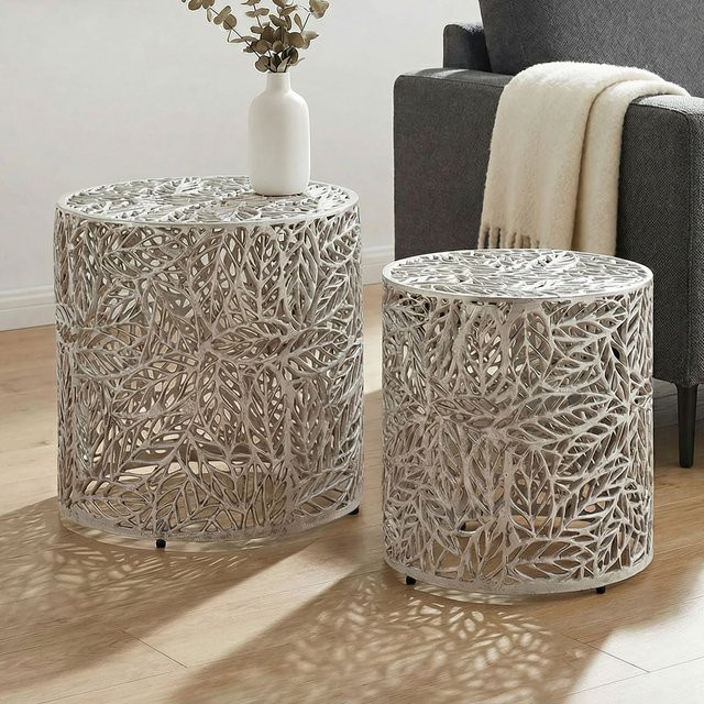 Finebuy Satztisch 2er Set aus Metall in Silber mit floralem Design und runder Form - Bild 1