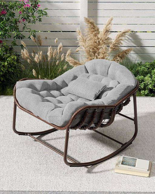 HiMISS Rattan-Schaukelstuhl als moderner Übergroßer Lounge-Eierstuhl aus Polyrattan mit Polsterung in Weiß und Grau - Bild 1
