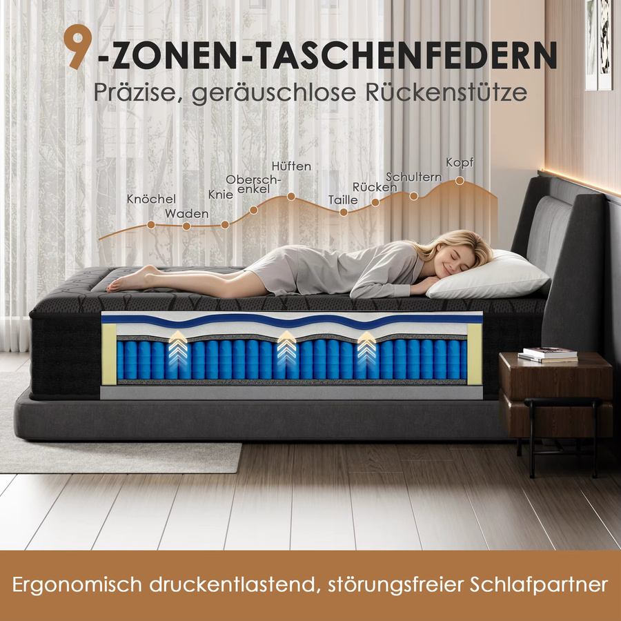 DEWINNER Taschenfederkernmatratze mit Memory Foam, 7-Zonen, mittelhart, grau, B/T/H: 140 x 200 x 30 cm, Öko-Tex Standard 100 zertifiziert - Bild 4