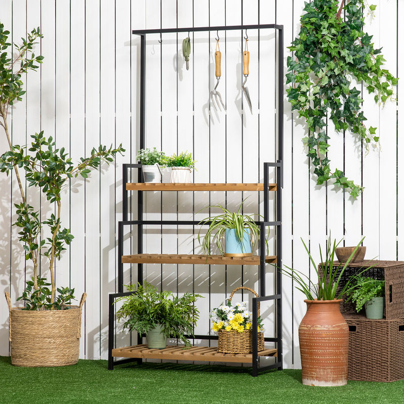Outsunny Pflanzenregal aus Naturholz und Metall mit 3 Ebenen für Garten und Balkon, B/T/H: 80 x 36 x 174 cm, braun/schwarz - Bild 2