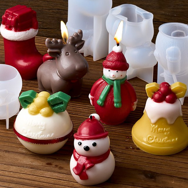UDOCOOL Silikonform für DIY Weihnachtskerzen und Harzfiguren, Motiv Auswahl: Schneemann, Elch, Glocke, Socke, Farbe: Mehrfarbig - Bild 1