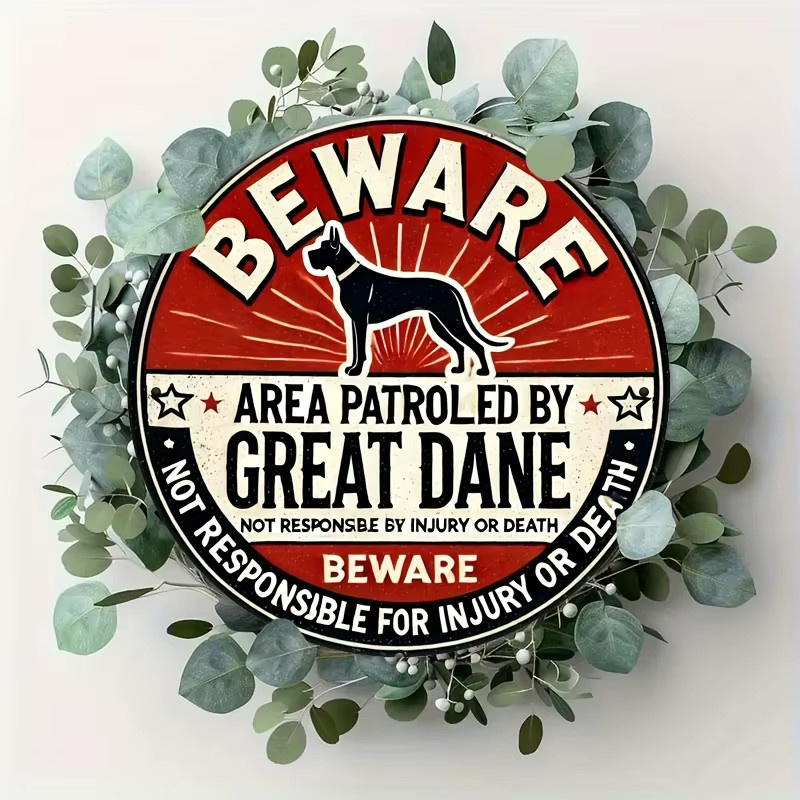 Potdemiel Wandkunst Great Dane Warning Area Patrol Reminder Vintage Metallschild Rund Rot Durchmesser: 20 cm - Bild 4