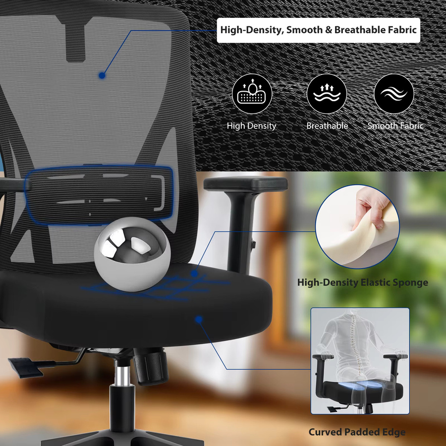 Durrafy Ergonomischer Bürostuhl in Schwarz mit verstellbarer Kopfstütze und Lendenwirbelstütze, moderner Netz-Computerstuhl mit Armlehnen und Höhenverstellbarkeit, Belastbarkeit bis 150 kg - Bild 6