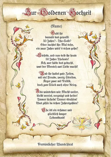 Urkunde zur Goldenen Hochzeit mit floralem Design in Gold und Multicolour auf Vintage-Papier - Bild 1