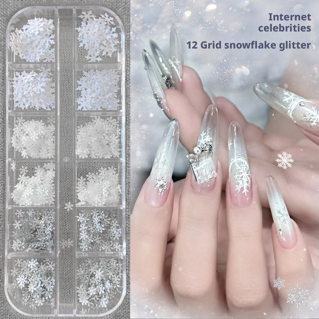 Kaniu Nagelkunst-Set, Eiskristall-Schneeflocken-Glitzer, Weiß, Silber, Unisex - Bild 1