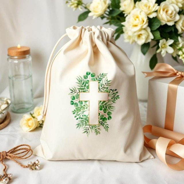 5 Stück Grüne Geschenktüten mit Kreuz-Motiv für Erstkommunion und religiöse Feiern, B: 13 cm, H: 18 cm - Bild 1