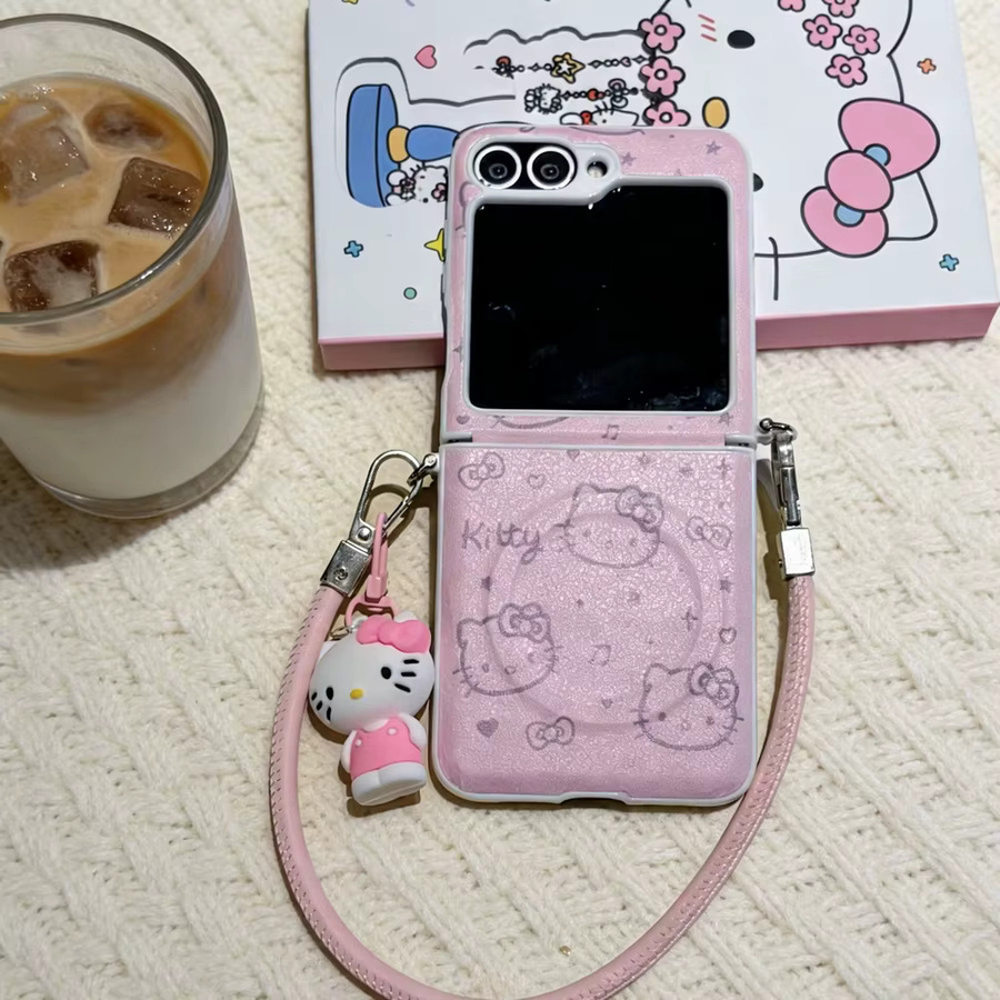 Sanrio Hello Kitty Lederhülle für Samsung Galaxy Z Flip 7 6 5 mit magnetischem Grip Tok und MagSafe Wireless Charging in Pink - Bild 4